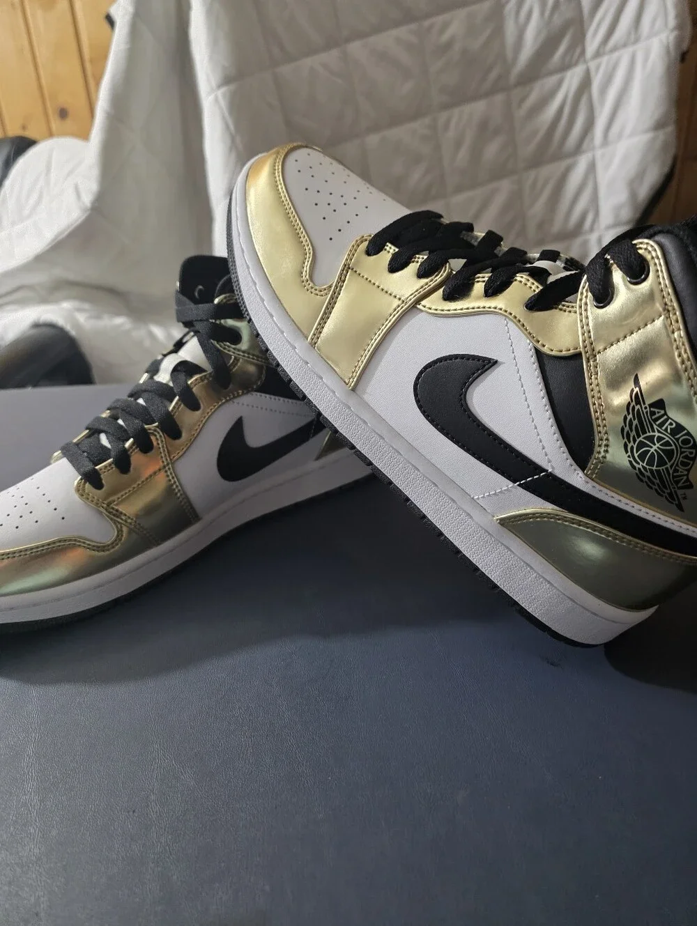 Jordan High-Top Sneakers in White and Metallic Gold